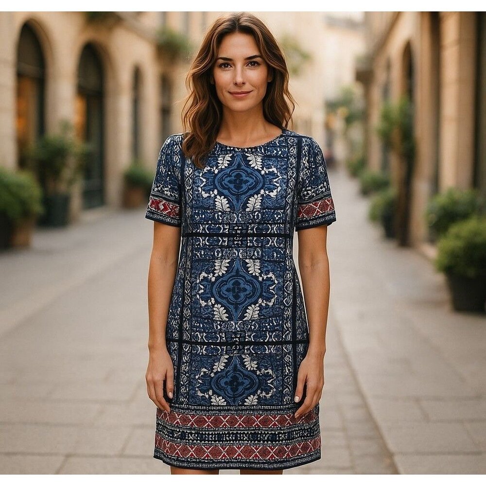 Westport 1962 Classy Blue Print Shift Dress Size 16W‎ 1X Spring Summer Plus Size